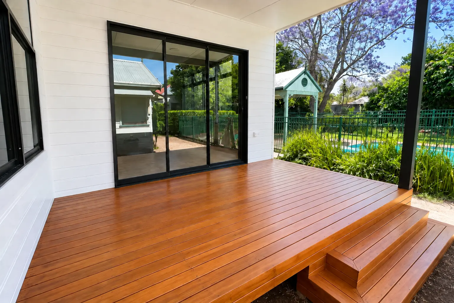 Finished orange-brown timber deck and steps beside a white-clad house.
