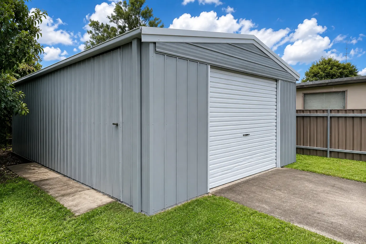 Grey corrugated shed facade with side door and roller door.