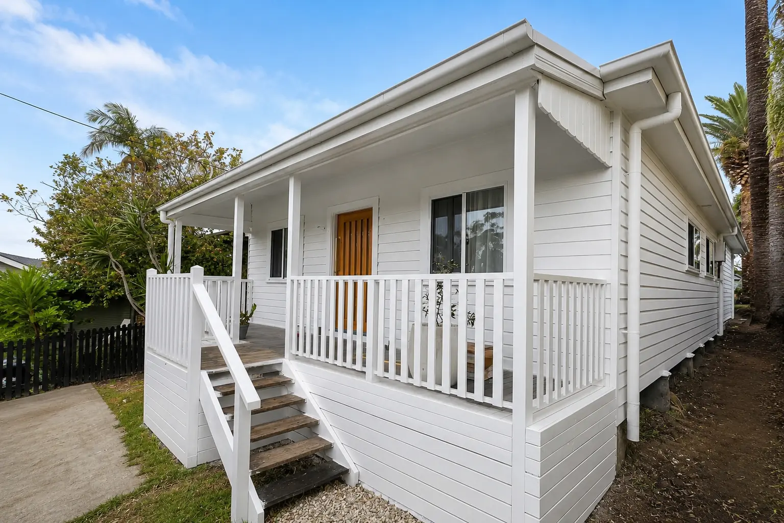 White weatherboard house and veranda, with white railings and timber front door.