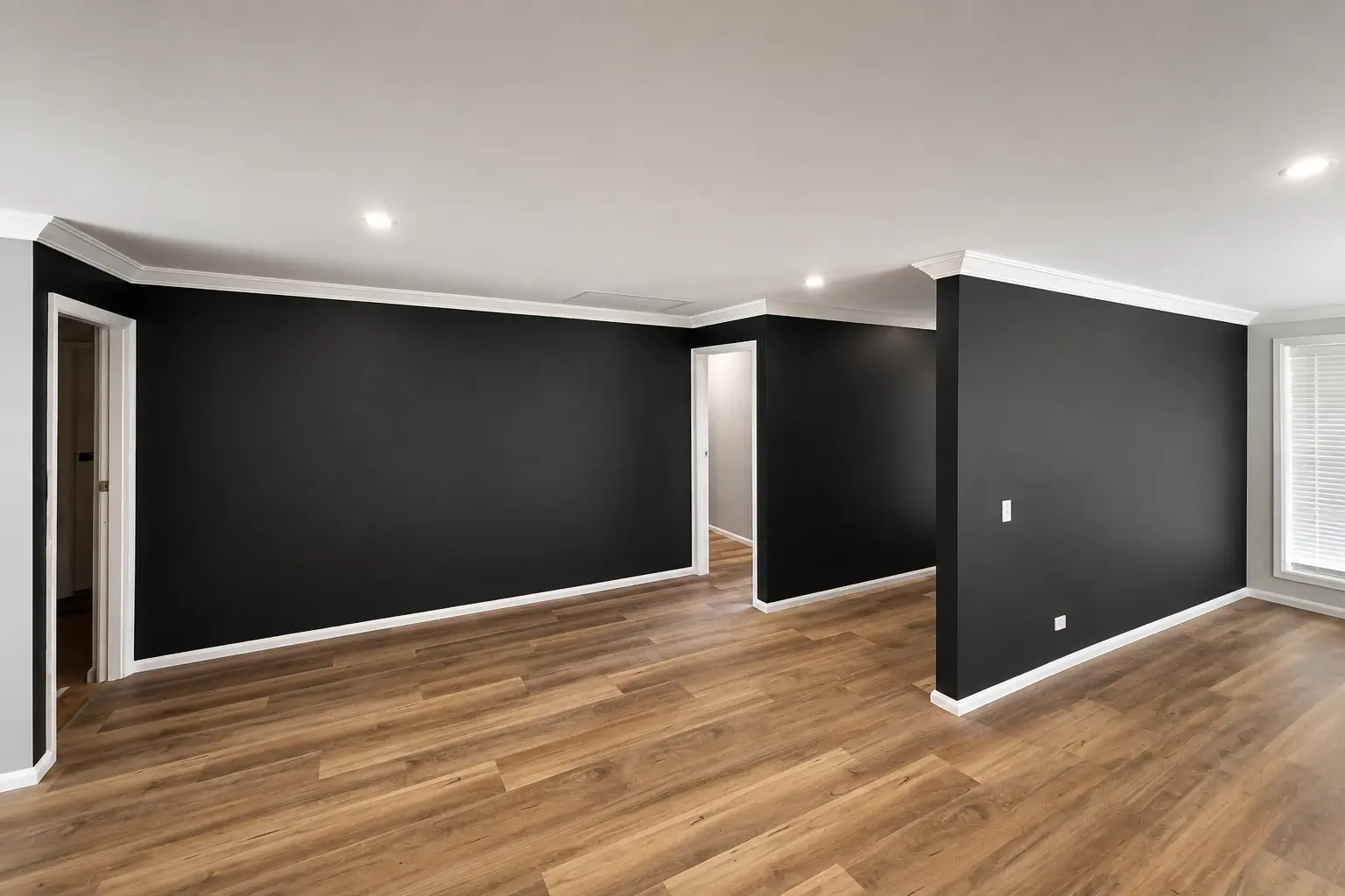 Dark interior walls with white skirting and door trim, a light ceiling and timber-look floor.